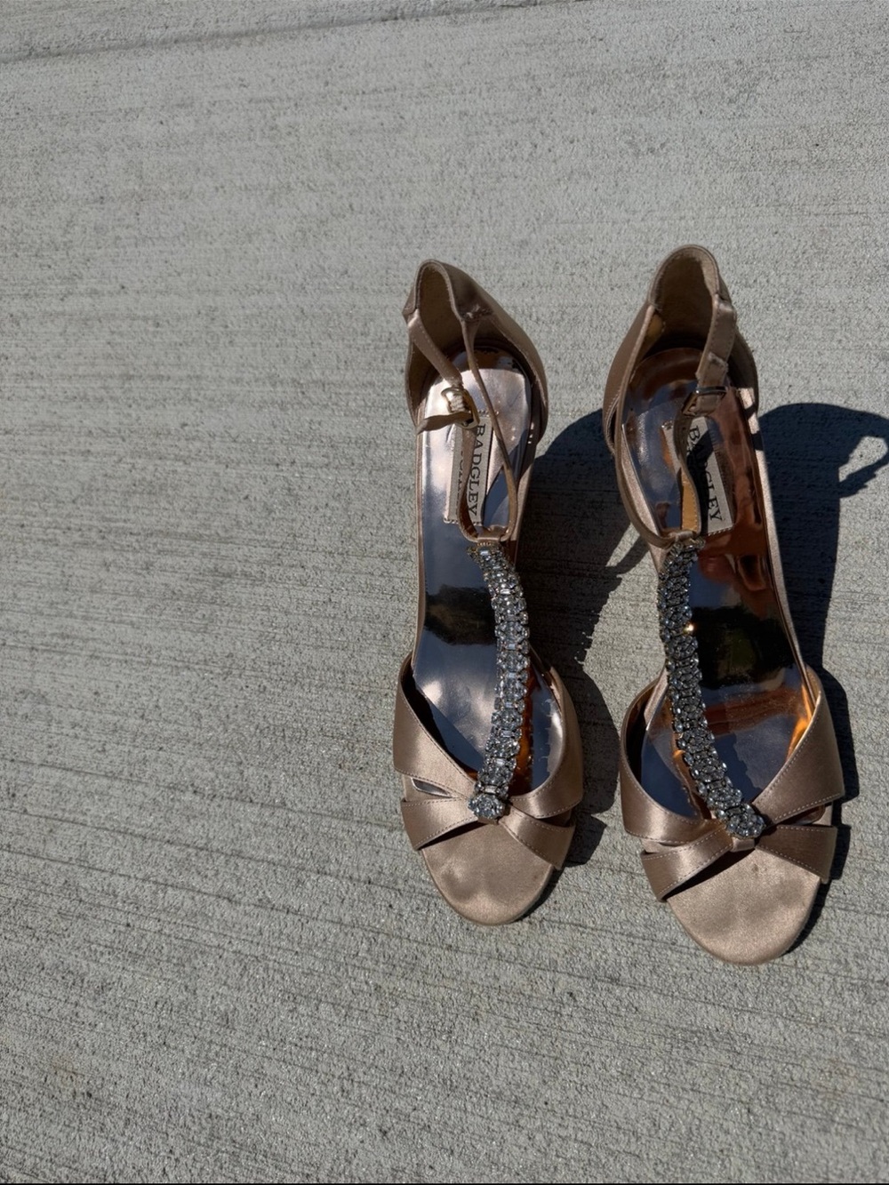Badgley Mischka Rose Gold Satin T-Strap Crystal Embellished Heels - Picture 6 of 12